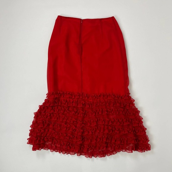 Fit and Flare Ruffled Bottom Red Midi Skirt - Picture 2 of 3